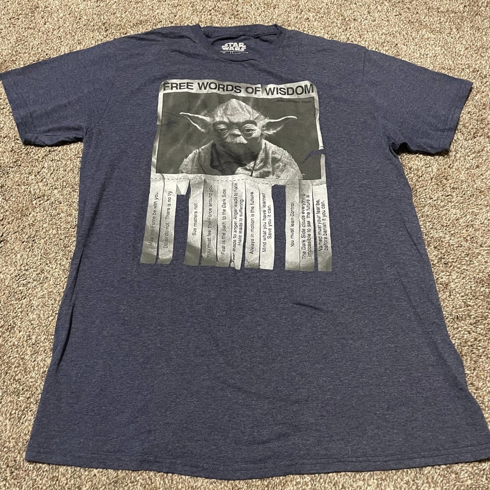 Star Wars Yoda Free Words of Wisdom Graphic Tee Mens L Heather Navy Blue Shirt